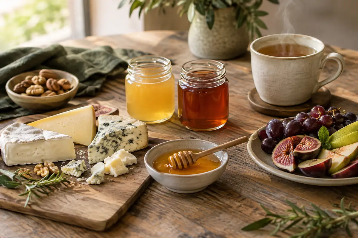 Coupelles de miels présentées avec des fromages, une poire et une tasse d’infusion
