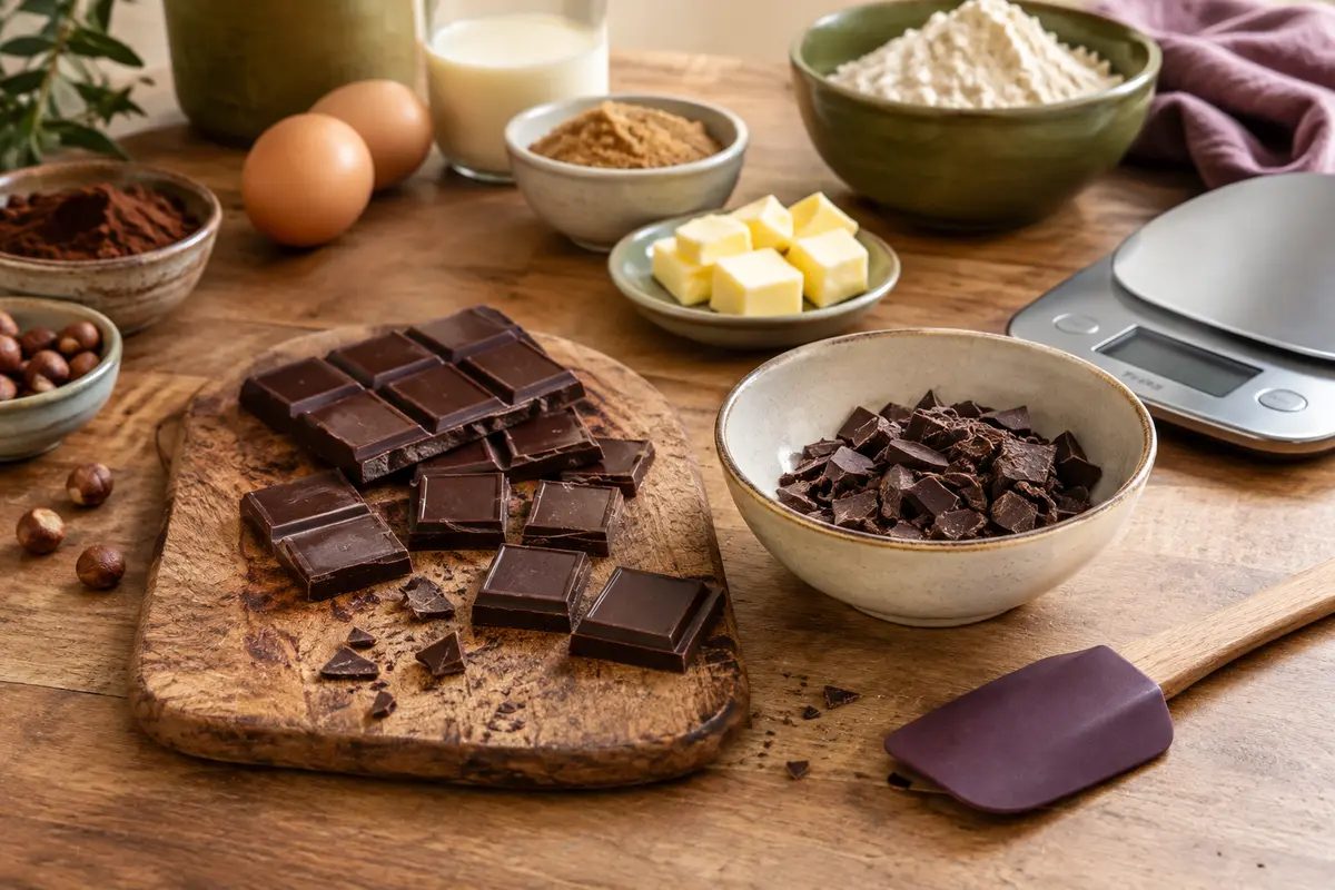 Tablette de chocolat noir, pistoles et saladier de pâte réunis sur un plan de travail de pâtisserie