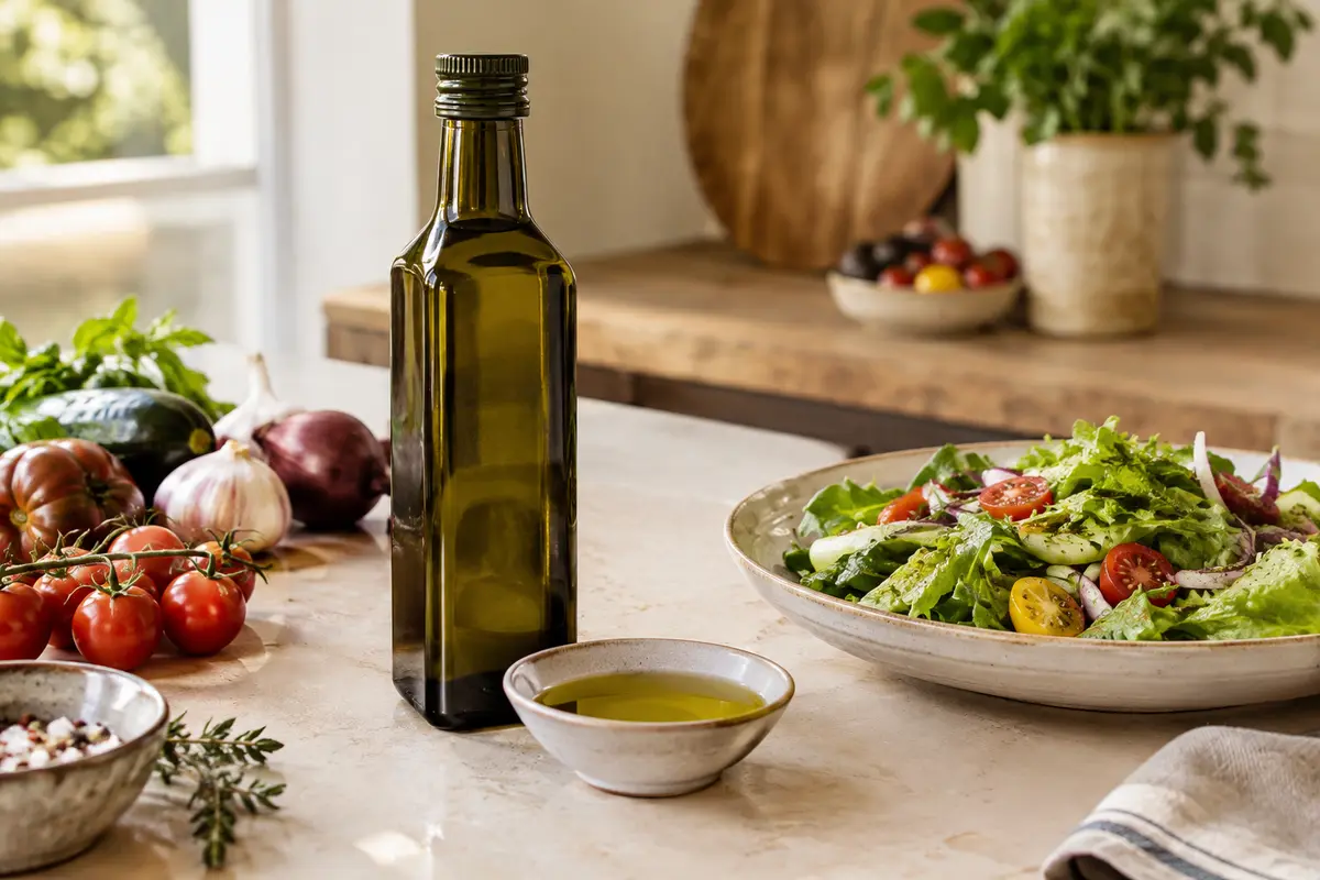 Bouteille d’huile d’olive près d’un bol et de légumes frais pour illustrer les usages en cuisine et en assaisonnement