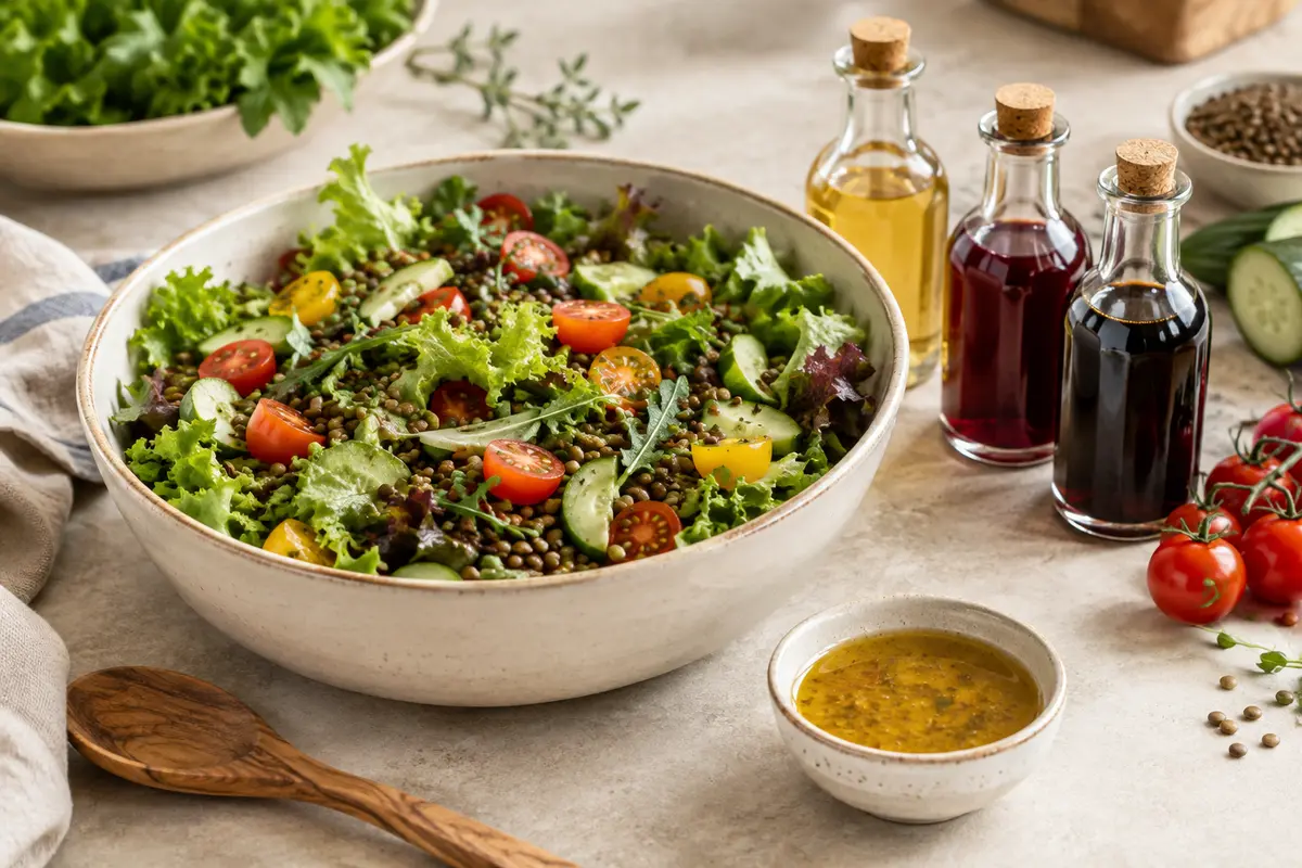 Salade fraîche et coupelles de vinaigre de cidre, de vin et balsamique pour comparer les assaisonnements.