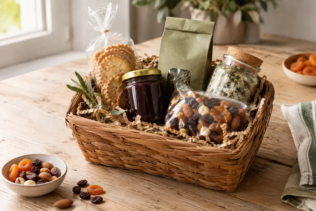 Panier gourmand varié avec biscuits, confiture, thé, tartinable salé et fruits secs sur une table