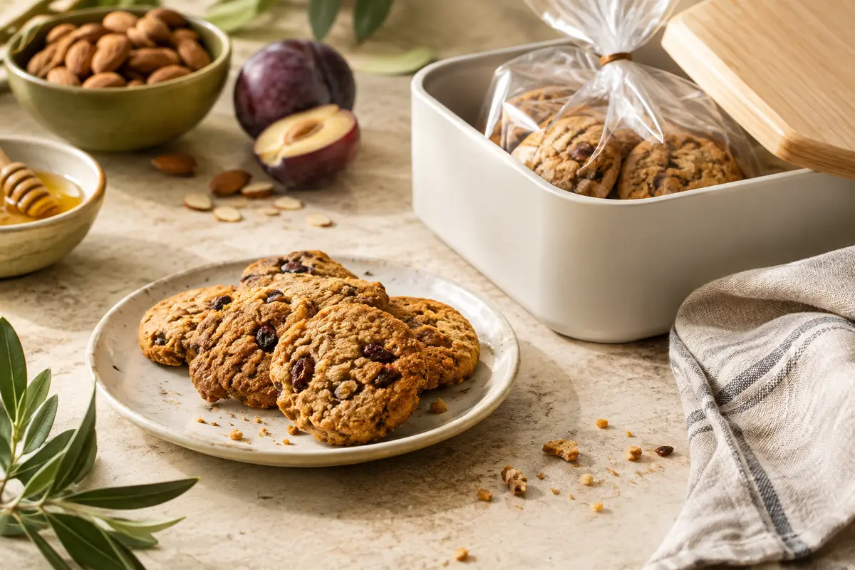 Biscuits artisanaux et sachet refermé dans une boîte de conservation posée sur un plan de cuisine