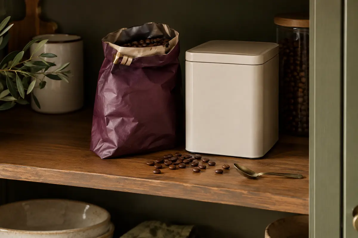 Paquet de café refermé près d’une boîte hermétique opaque dans un placard sec et sombre