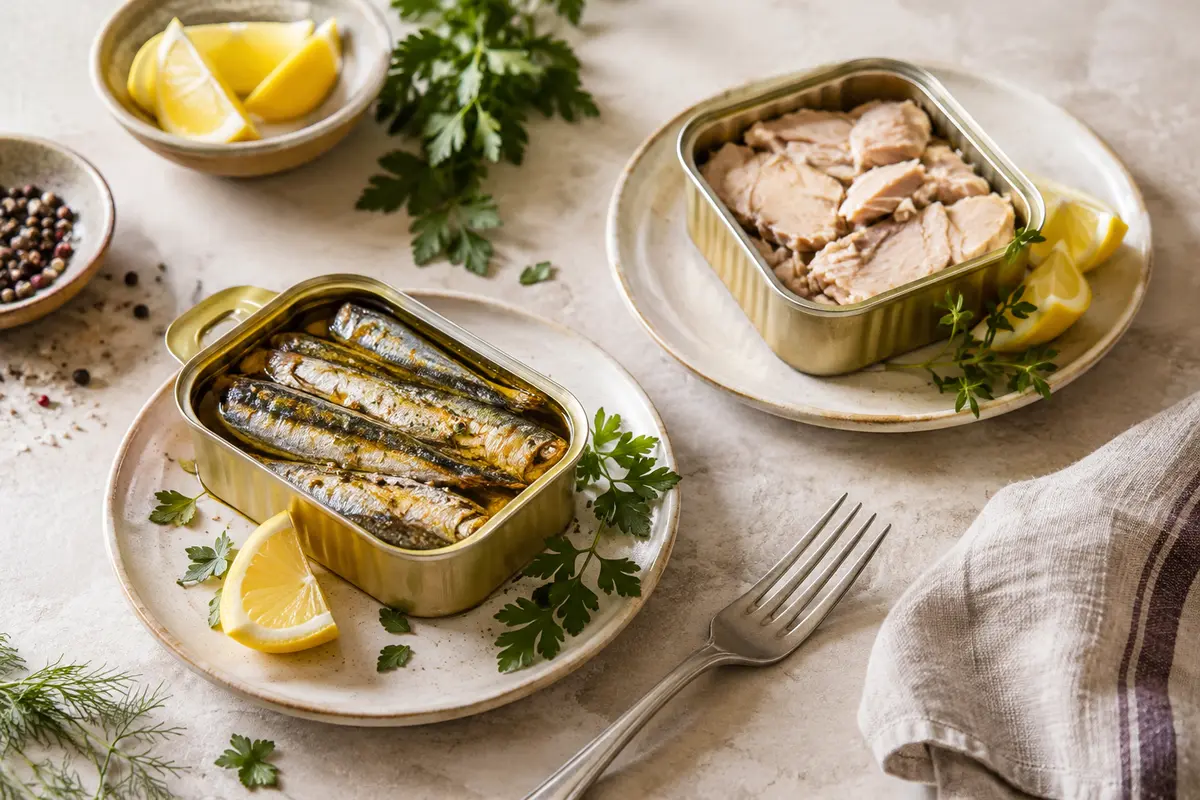 Deux assiettes de poisson en conserve, à l’huile et au naturel, accompagnées de citron et d’herbes.