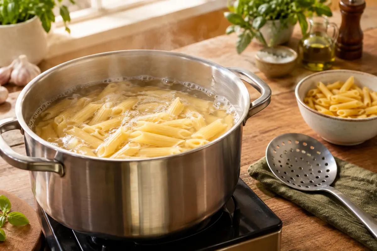 Casserole de pâtes courtes en cuisson, avec une assiette et une sauce prêtes pour la dégustation.