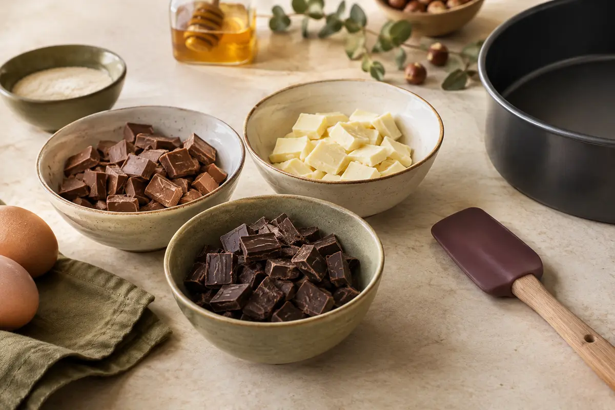 Trois desserts maison illustrent les différences de couleur et de texture entre chocolats noir, au lait et blanc.