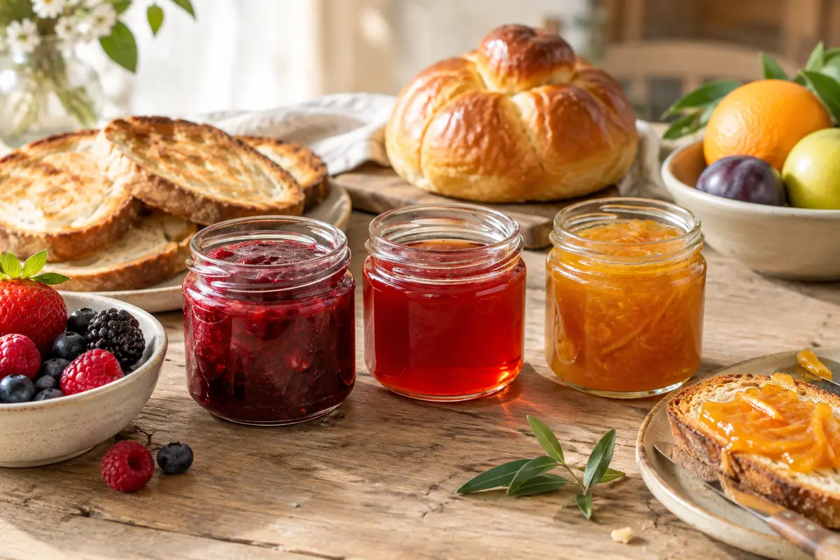 Pots de confiture, gelée et marmelade d’orange servis avec du pain grillé et une brioche.