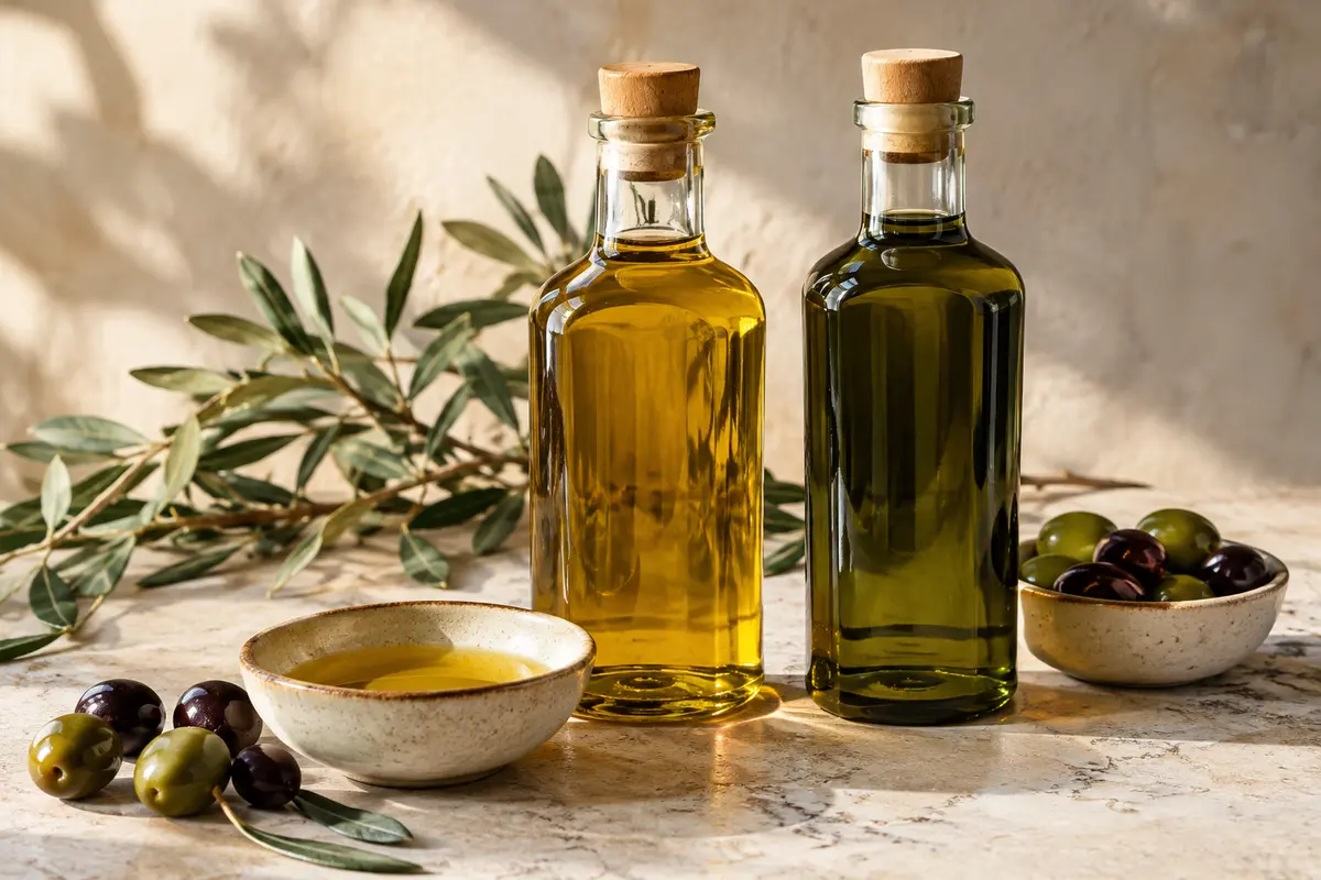 Deux huiles d’olive en bouteilles teintées avec une coupelle, des olives et une branche d’olivier
