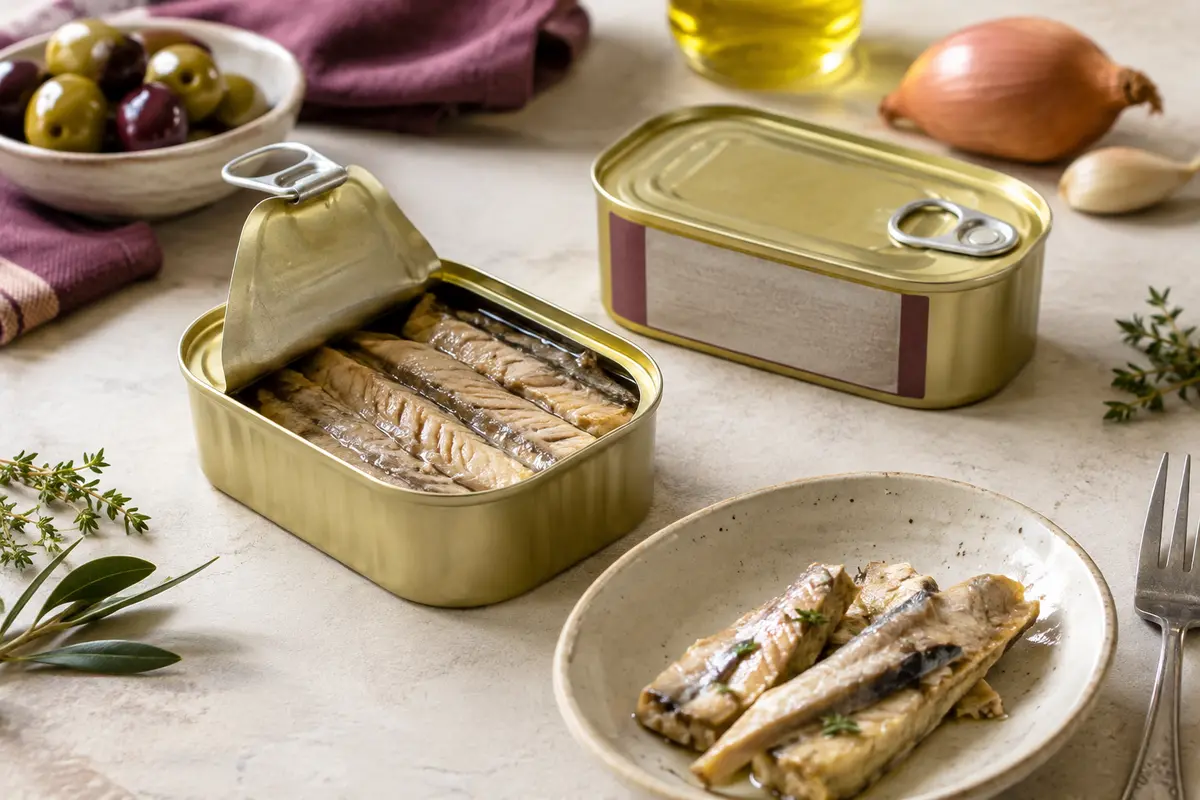 Boîtes neutres de poisson en conserve, une loupe et une assiette de sardines sur une table claire.