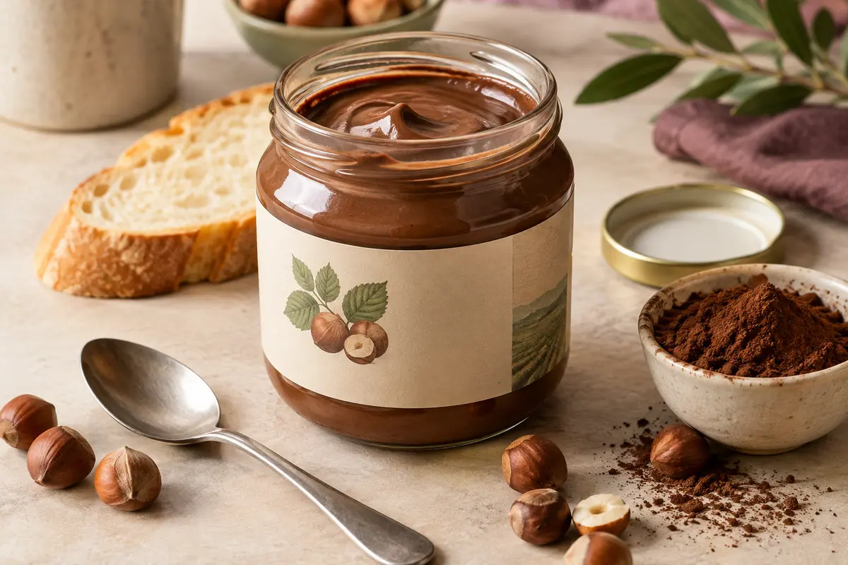 Pot de pâte à tartiner ouvert entouré de noisettes, de cacao et d’une cuillère sur une table claire