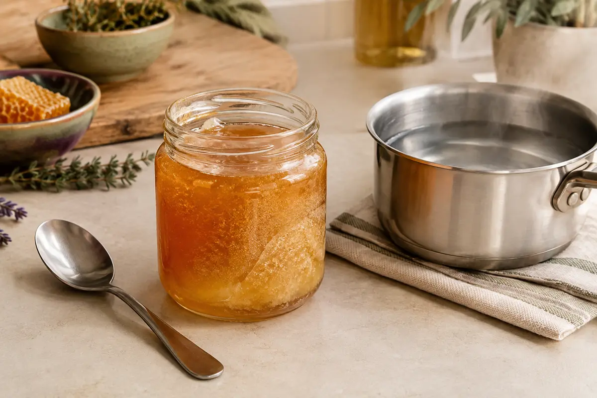Pot de miel cristallisé près d’un bain-marie pour un réchauffage doux