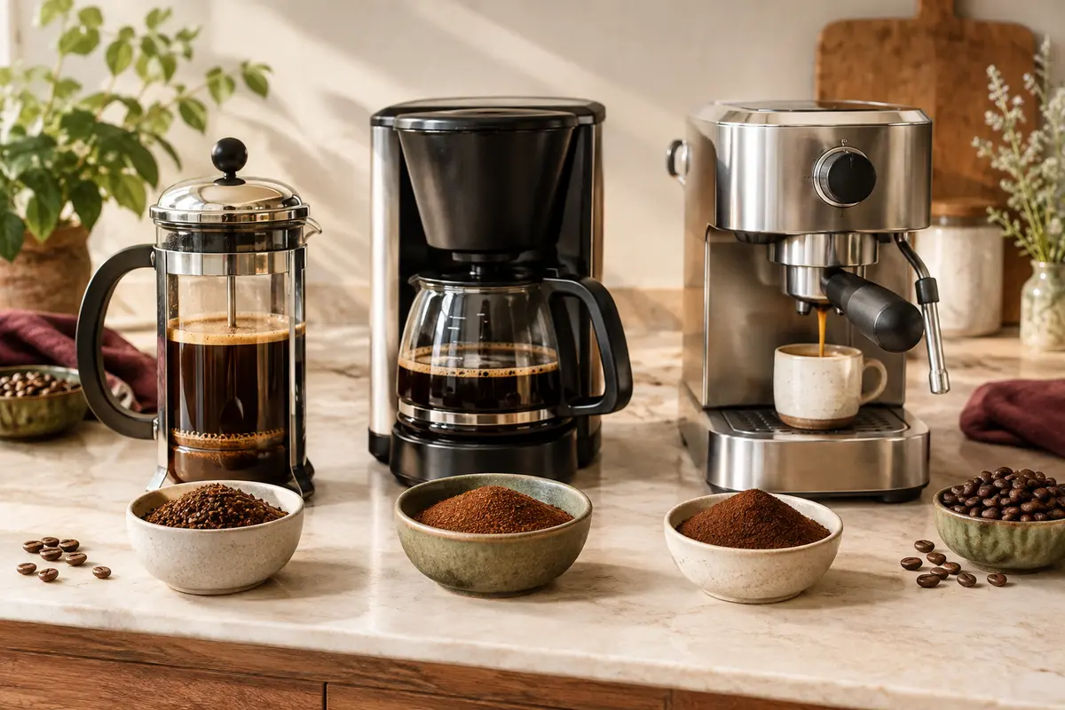 Cafetière à piston, filtre et machine espresso avec grains et moutures de différentes finesses