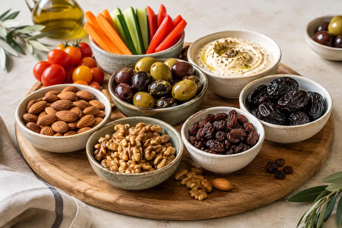 Plateau d’apéritif avec fruits secs croquants, fruits séchés moelleux, olives et tranches de pain grillé