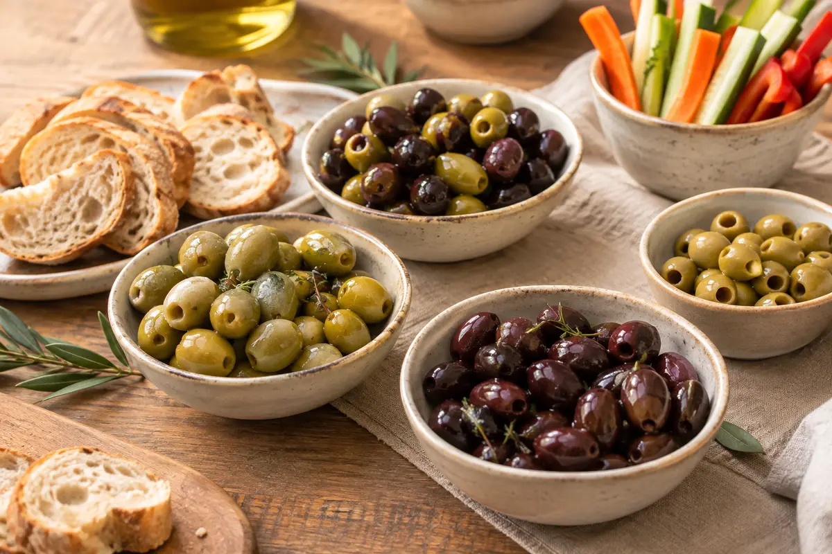 Bols séparés d’olives vertes et foncées servis avec du pain et des légumes croquants
