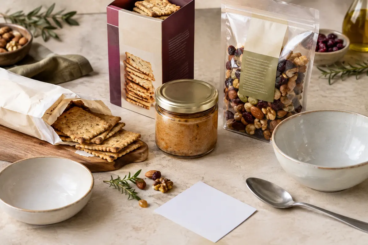 Emballages et aliments d’apéritif réunis sur une table avant vérification des informations