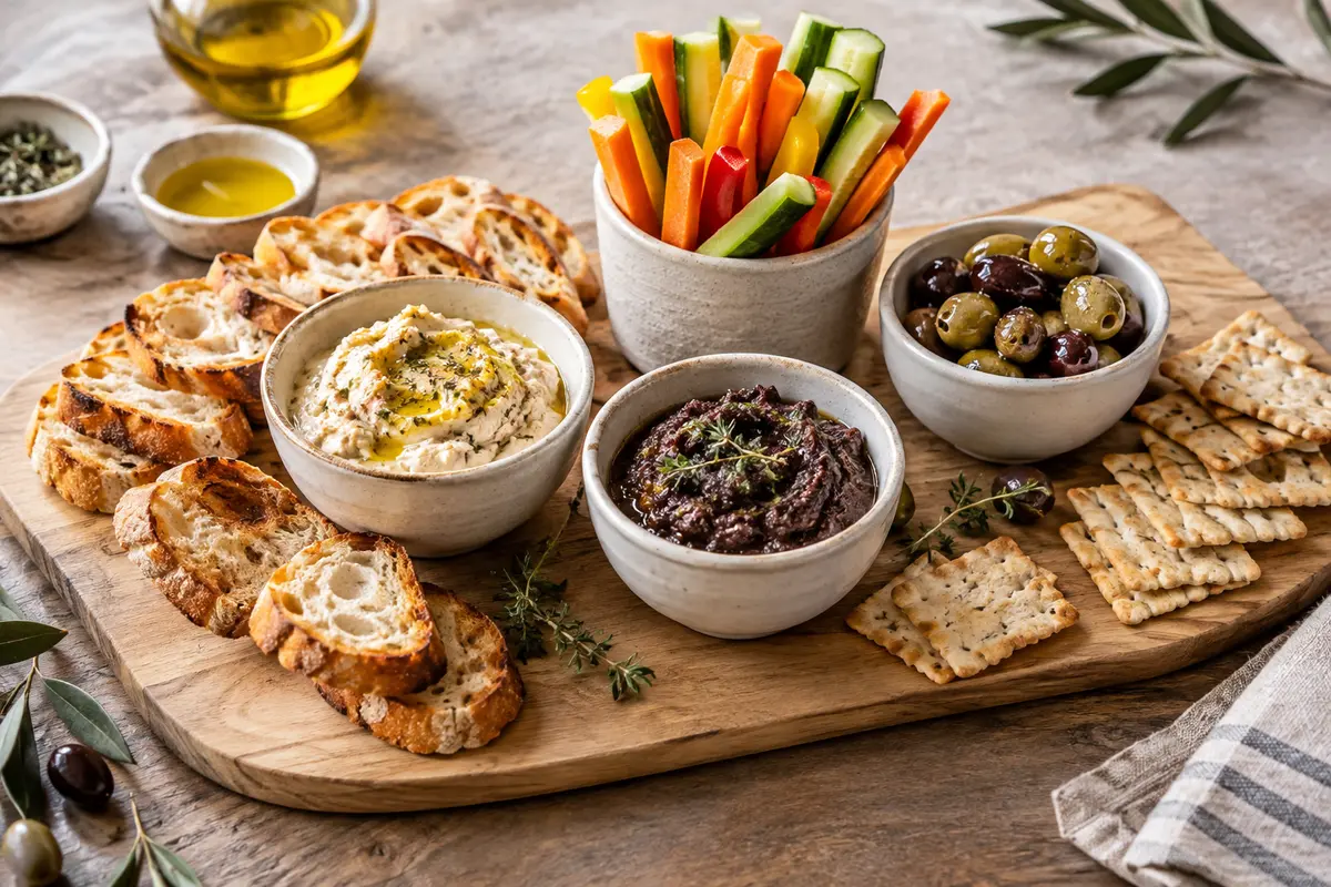 Tartinables salés servis avec pain grillé, crackers, légumes croquants et olives pour l’apéritif