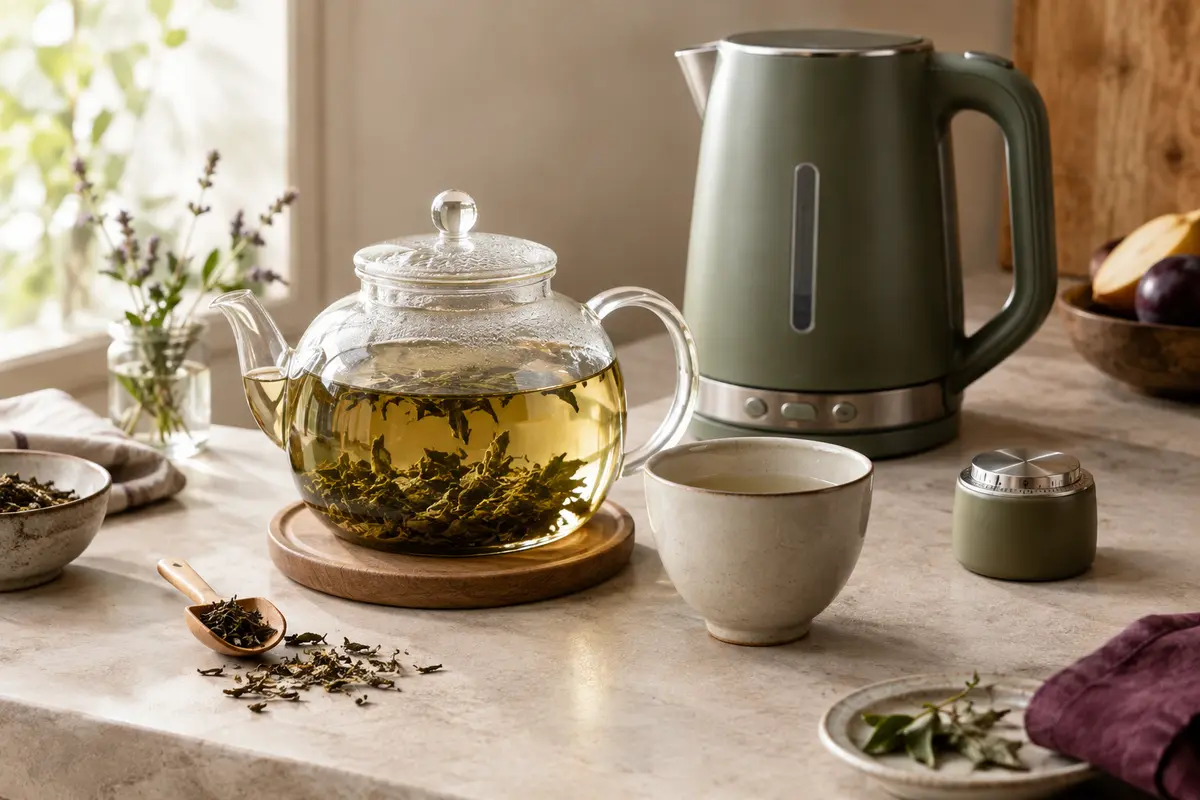 Théière en verre avec des feuilles de thé, une tasse et le matériel pour contrôler l’infusion