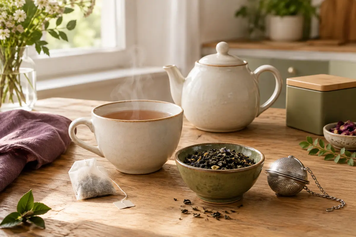 Tasse de thé, sachet, feuilles en vrac et infuseur réunis sur une table de cuisine