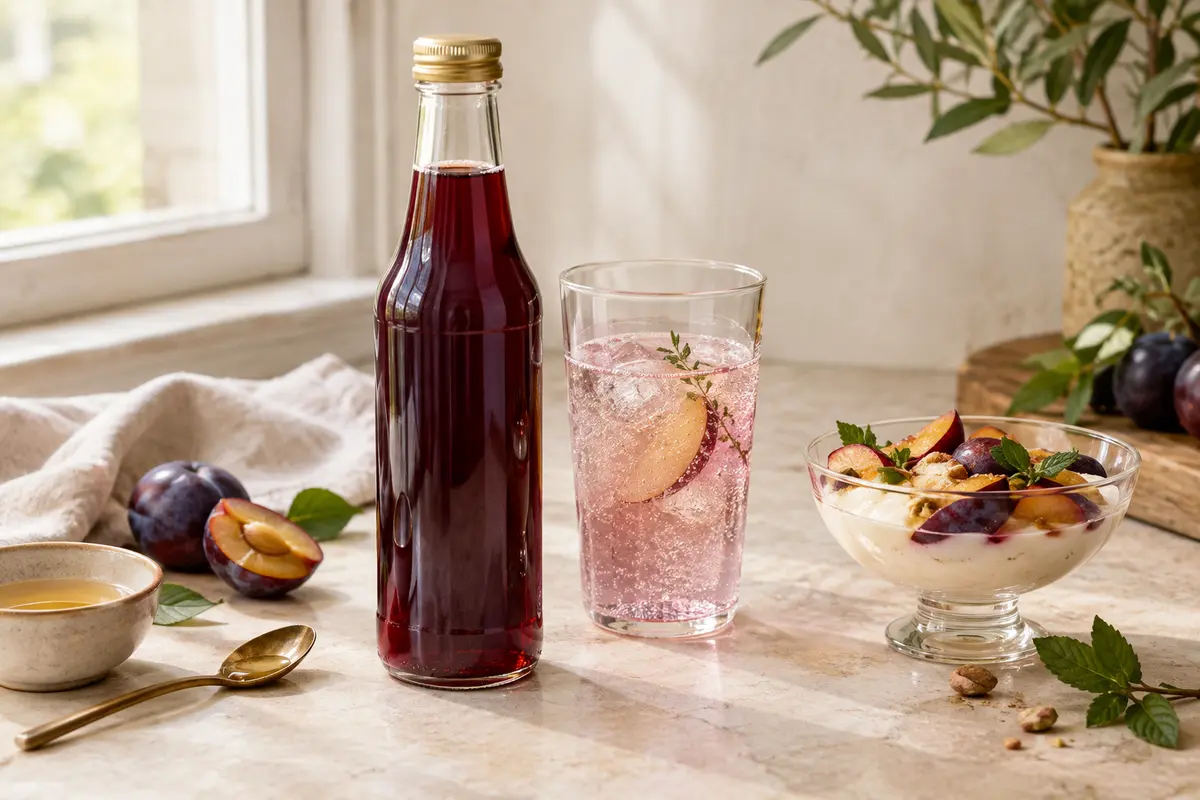 Boisson pétillante et dessert aux fruits accompagnés d’une bouteille de sirop sans étiquette