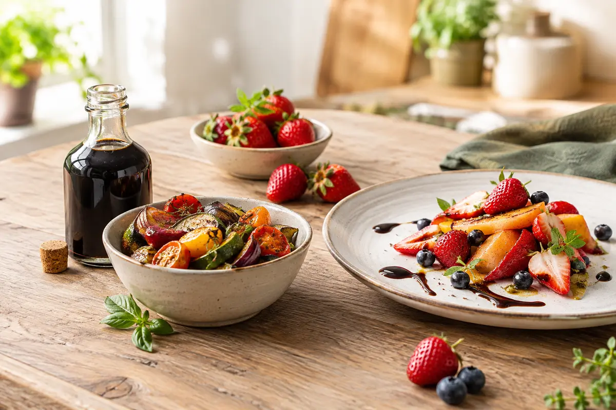 Vinaigre balsamique servi avec des légumes rôtis, des fraises et des poires pour illustrer ses usages