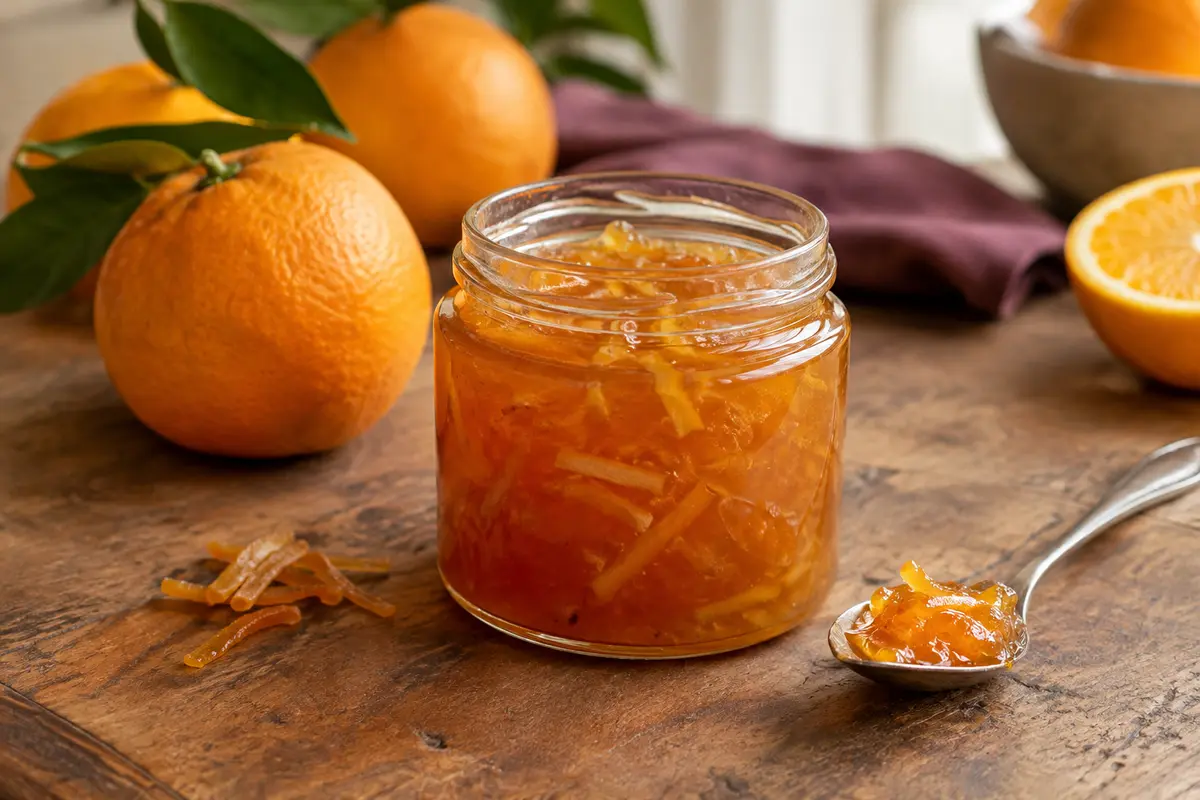 Pot ouvert de marmelade d’oranges amères avec écorces, servi sur une table en bois près d’une tranche de pain.