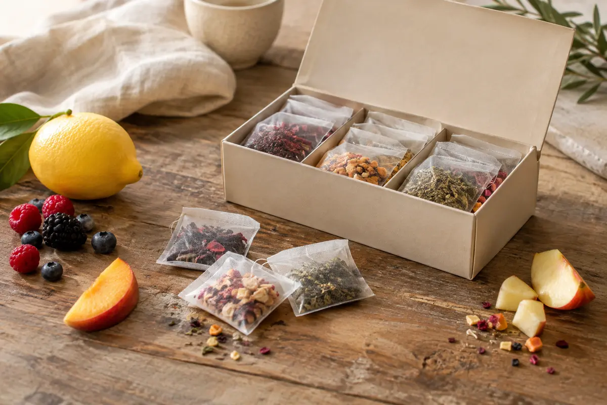 Coffret de sachets de thés fruités posé près d’une tasse et de quelques fruits frais.