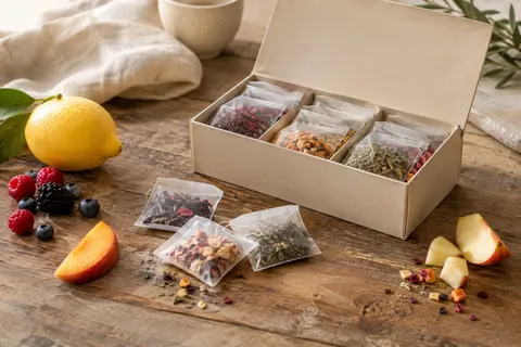 Coffret de sachets de thés fruités posé près d’une tasse et de quelques fruits frais.