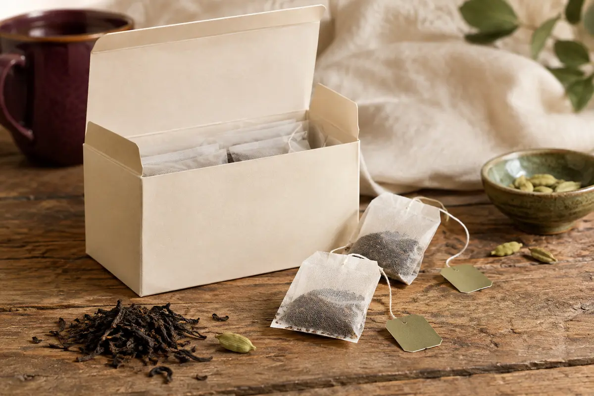 Tasse de thé noir à la cardamome avec sachet individuel et quelques capsules de cardamome verte