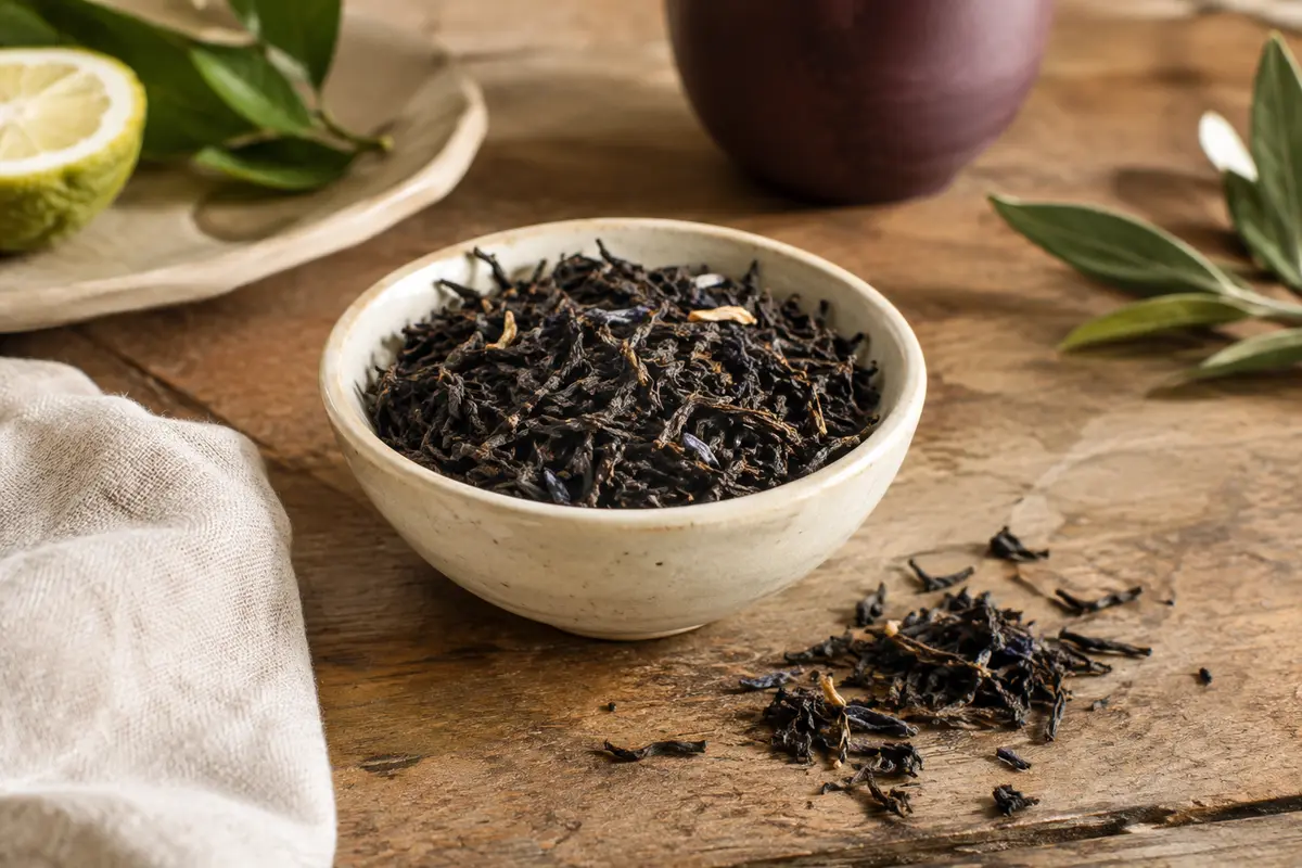 Feuilles de thé noir Earl Grey en vrac près d’une tasse ambrée, sur une table en bois patiné