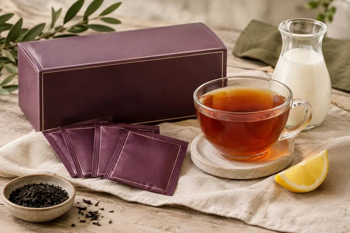 Tasse de thé noir English Breakfast accompagnée de sachets individuels sur une table en bois patiné.