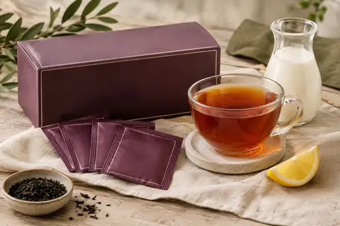 Tasse de thé noir English Breakfast accompagnée de sachets individuels sur une table en bois patiné.