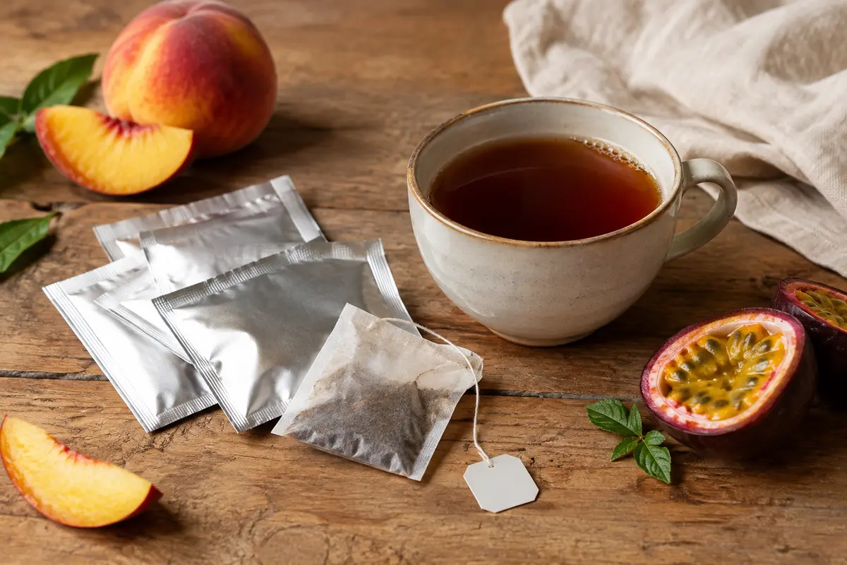 Tasse de thé noir avec des sachets individuels, une pêche et un fruit de la passion sur une table en bois.