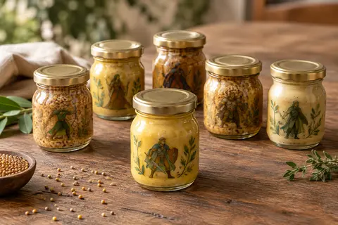 Six verres de table remplis de moutarde condiment Amora sur une table en bois, près d’une salade