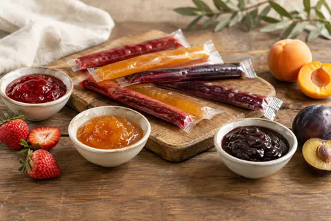 Sticks individuels de confiture accompagnés de fraises, d’abricots, de prunes et de groseilles sur une table