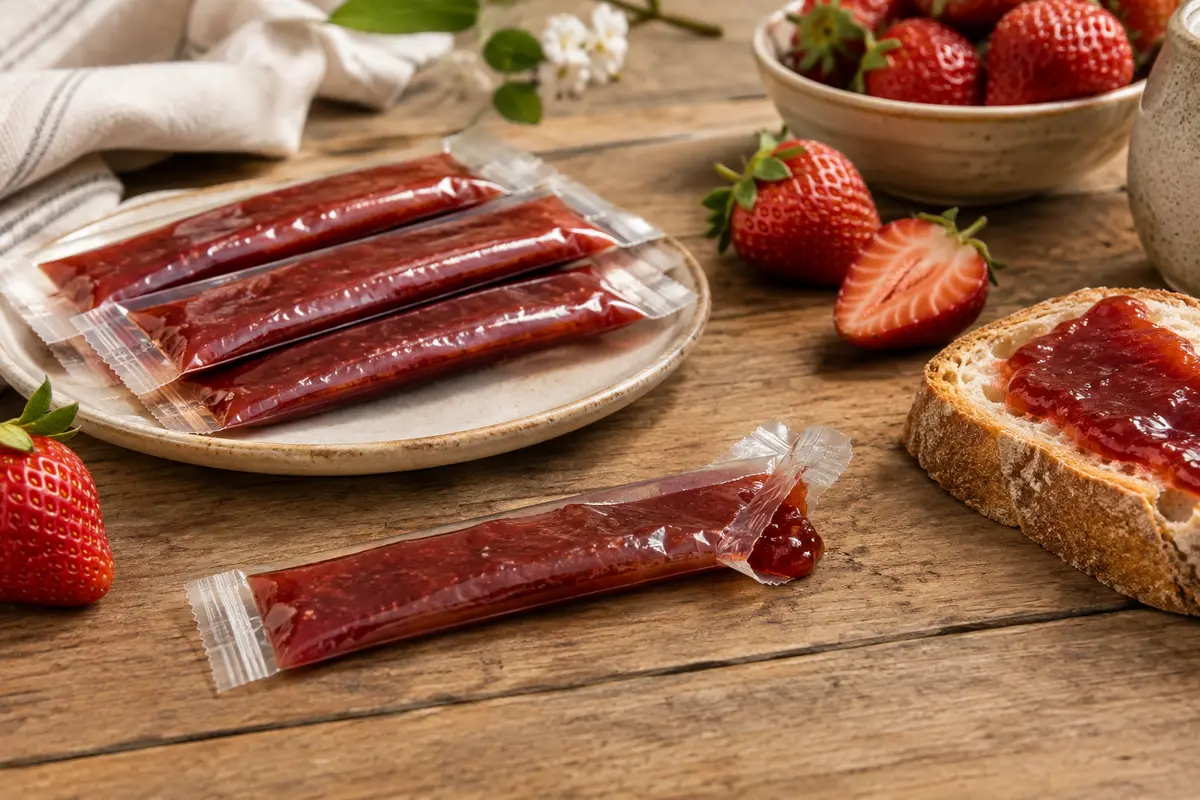 Sticks individuels de confiture de fraise disposés sur une table en bois avec des fraises fraîches.
