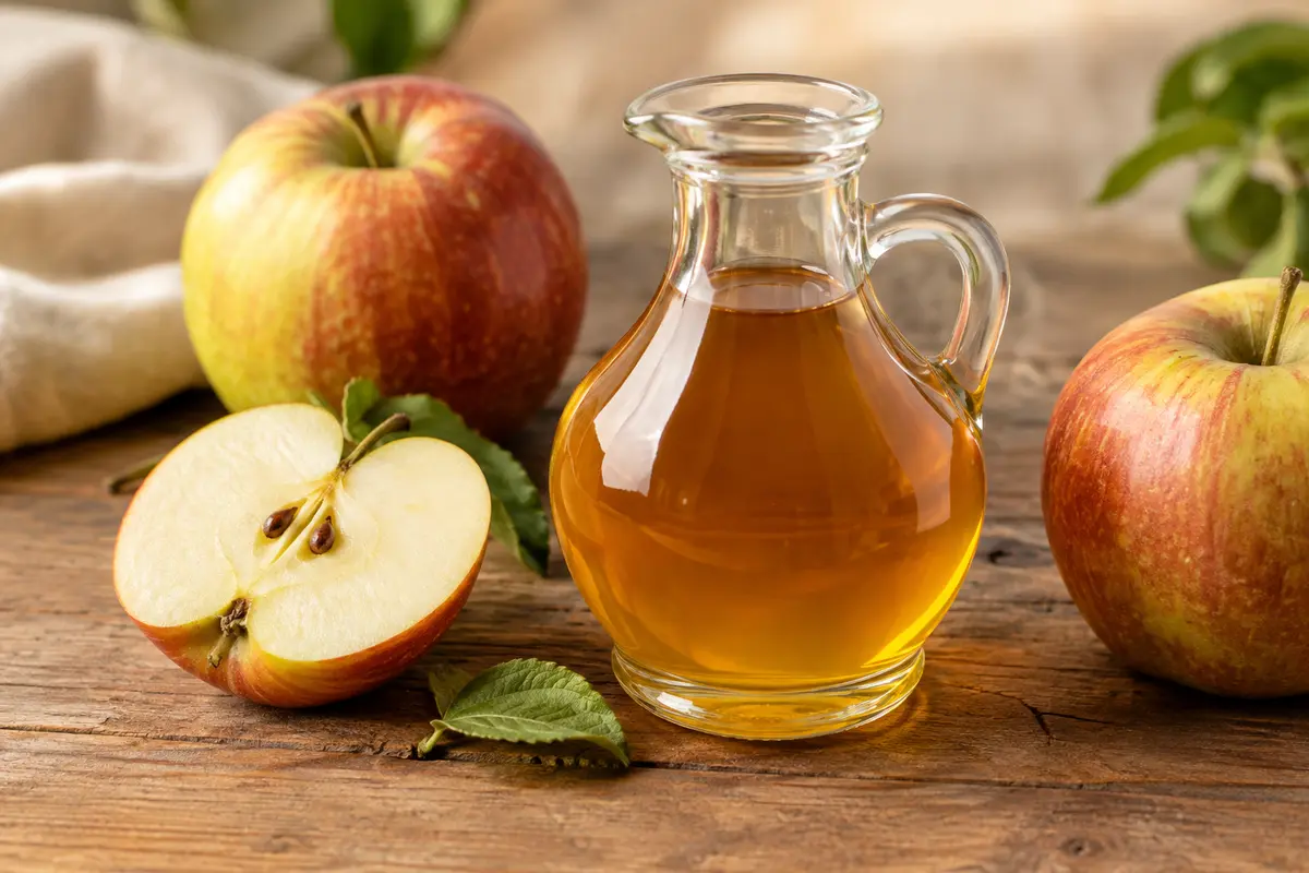 Vinaigre de cidre ambré légèrement trouble présenté avec des pommes sur une table en bois