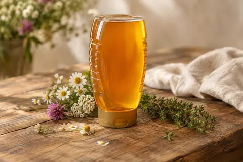 Flacon souple de miel doré posé sur une table en bois, accompagné de thym et de fleurs sauvages