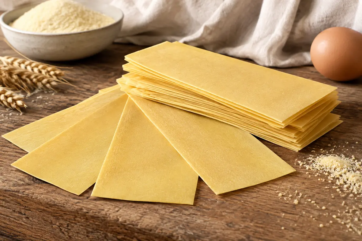 Feuilles de lasagne sèches aux œufs empilées sur une table en bois avec des œufs et de la semoule.