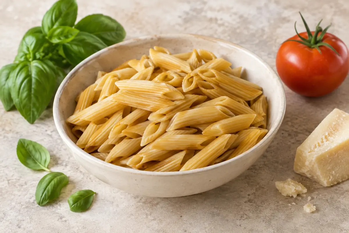 Mini penne rigate sèches dans une coupelle en céramique sur une table en bois, avec tomates et feuilles vertes.