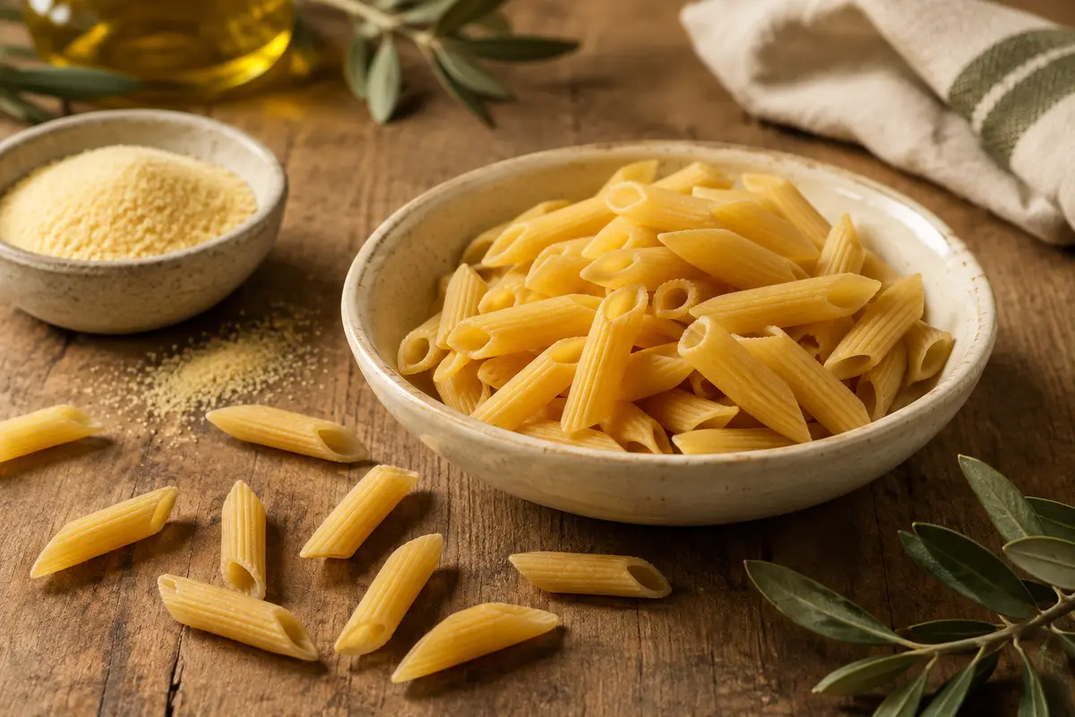 Penne rigate sèches sur une assiette crème posée sur une table en bois patiné, avec une sauce tomate