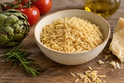 Risoni Barilla, petites pâtes couleur crème dorée près d’un bol de soupe de légumes et de romarin