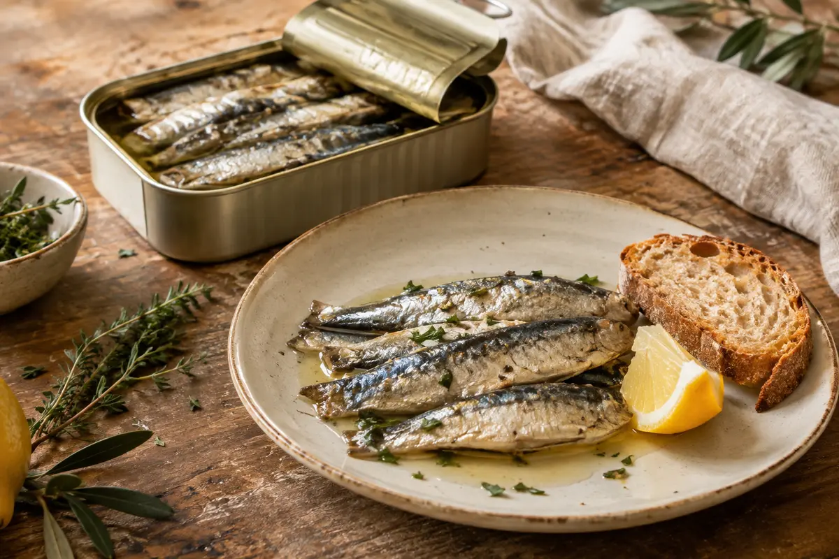 Sardines conservées dans l’eau servies dans une assiette, près d’une boîte métallique ouverte sur une table en bois