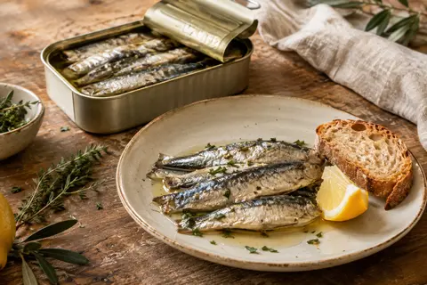 Sardines conservées dans l’eau servies dans une assiette, près d’une boîte métallique ouverte sur une table en bois