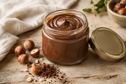 Pâte à tartiner cacao-noisette crémeuse avec noisettes et pain grillé sur une table en bois.
