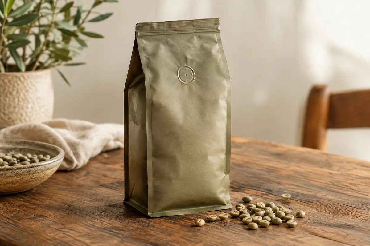 Sachet souple de café moulu avec une tasse et une cafetière moka sur une table en bois patiné.