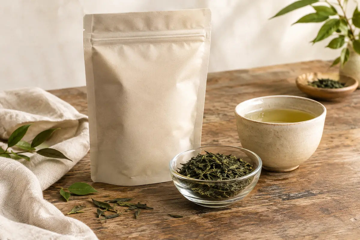 Feuilles de thé vert Sencha dans un bol, près d’un sachet neutre refermable et d’une tasse infusée.