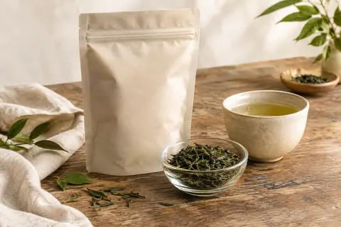 Feuilles de thé vert Sencha dans un bol, près d’un sachet neutre refermable et d’une tasse infusée.