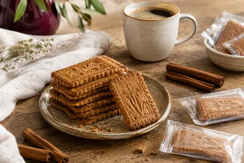 Biscuits spéculoos Biscoff croquants et portions emballées, présentés près d’une tasse de café