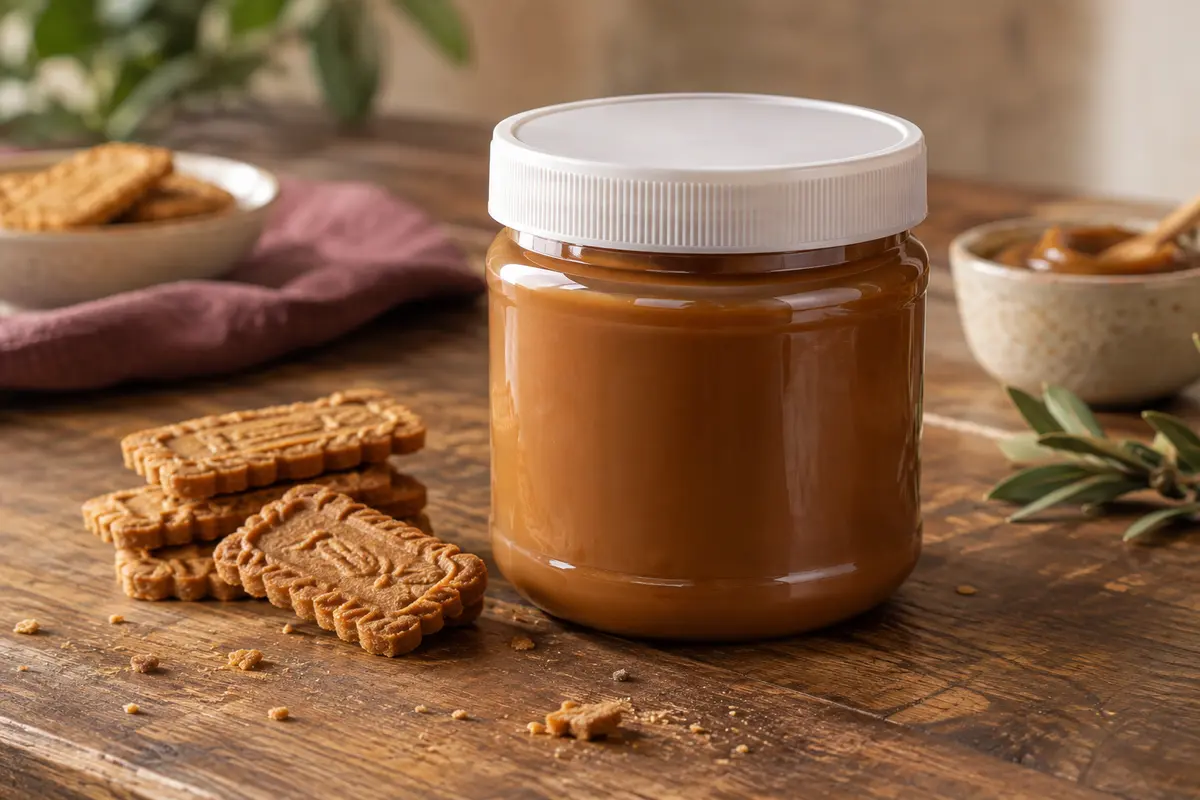 Pot de pâte à tartiner crémeuse aux biscuits caramélisés avec du pain et une crêpe