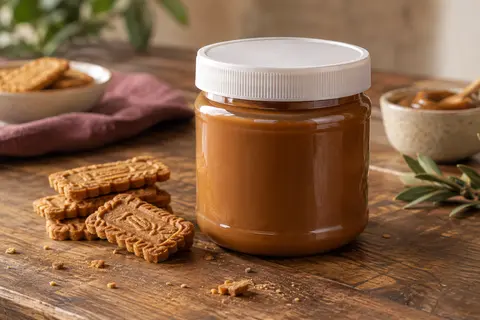 Pot de pâte à tartiner crémeuse aux biscuits caramélisés avec du pain et une crêpe